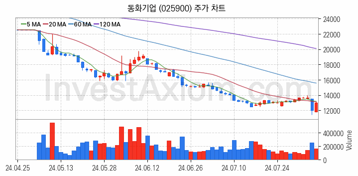 2차전지 전고체 관련주 동화기업 주식 종목의 분석 시점 기준 최근 일봉 차트