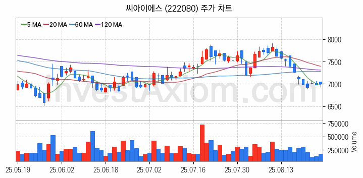 2차전지 전고체 관련주 씨아이에스 주식 종목의 분석 시점 기준 최근 일봉 차트