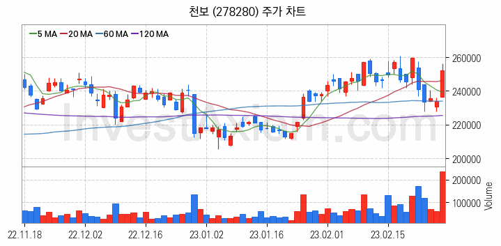 2차전지 전고체 관련주 천보 주식 종목의 분석 시점 기준 최근 일봉 차트