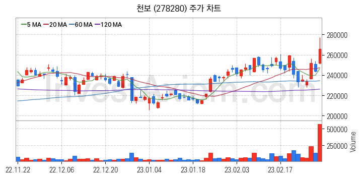 2차전지 전고체 관련주 천보 주식 종목의 분석 시점 기준 최근 일봉 차트