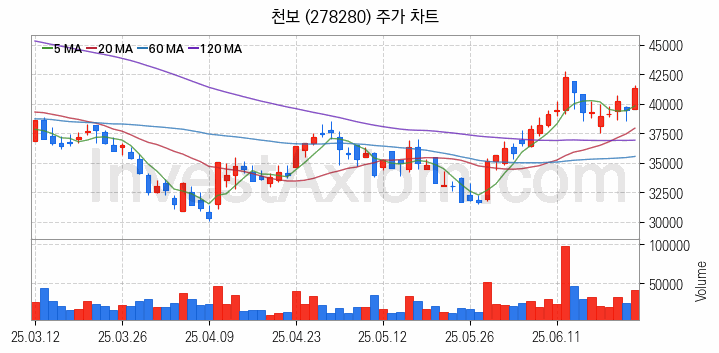 2차전지 전고체 관련주 천보 주식 종목의 분석 시점 기준 최근 일봉 차트