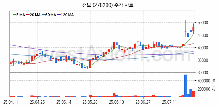 2차전지 전고체 관련주 천보 주식 종목의 분석 시점 기준 최근 일봉 차트