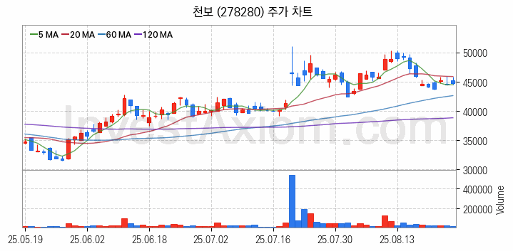 2차전지 전고체 관련주 천보 주식 종목의 분석 시점 기준 최근 일봉 차트