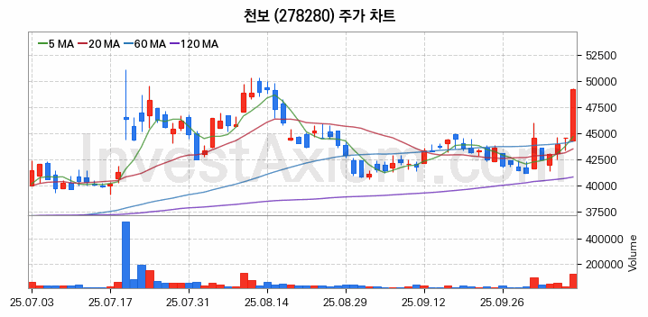 2차전지 전고체 관련주 천보 주식 종목의 분석 시점 기준 최근 일봉 차트