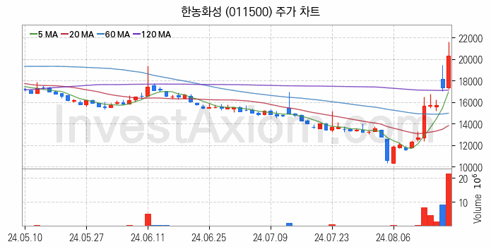 2차전지 관련주 한농화성 주식 종목의 분석 시점 기준 최근 일봉 차트