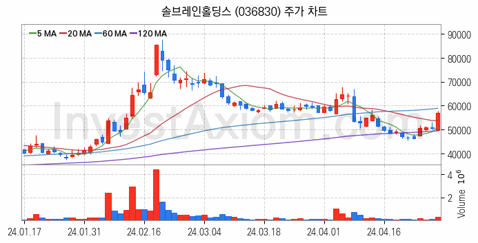 2차전지 관련주 솔브레인홀딩스 주식 종목의 분석 시점 기준 최근 일봉 차트