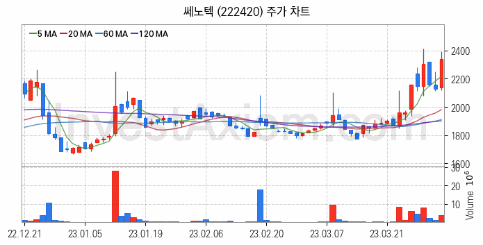 2차전지 관련주 쎄노텍 주식 종목의 분석 시점 기준 최근 일봉 차트