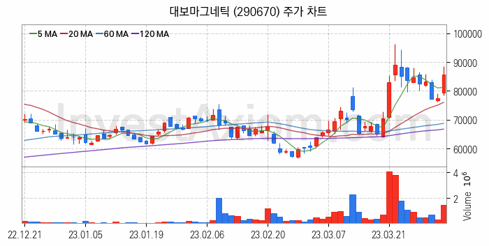 2차전지 관련주 대보마그네틱 주식 종목의 분석 시점 기준 최근 일봉 차트