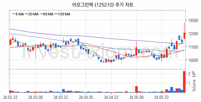 2차전지 LFP 리튬인산철 관련주 아모그린텍 주식 종목의 분석 시점 기준 최근 일봉 차트