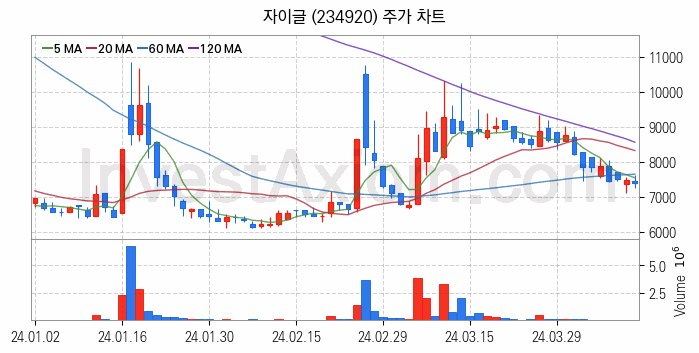 2차전지 LFP 리튬인산철 관련주 자이글 주식 종목의 분석 시점 기준 최근 일봉 차트