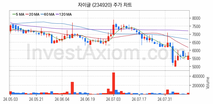 2차전지 LFP 리튬인산철 관련주 자이글 주식 종목의 분석 시점 기준 최근 일봉 차트