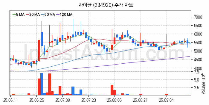 2차전지 LFP 리튬인산철 관련주 자이글 주식 종목의 분석 시점 기준 최근 일봉 차트