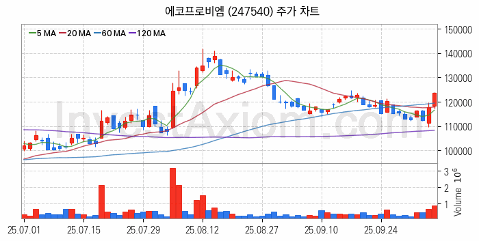 2차전지 나트륨이온 관련주 에코프로비엠 주식 종목의 분석 시점 기준 최근 일봉 차트