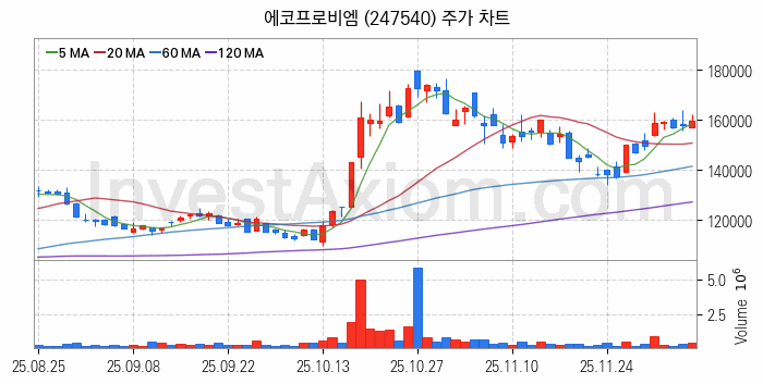 2차전지 나트륨이온 관련주 에코프로비엠 주식 종목의 분석 시점 기준 최근 일봉 차트