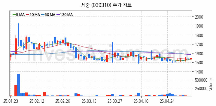 3D프린터 관련주 세중 주식 종목의 분석 시점 기준 최근 일봉 차트