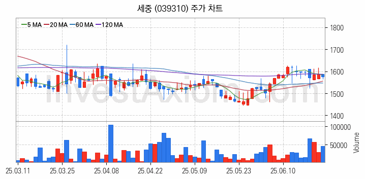 3D프린터 관련주 세중 주식 종목의 분석 시점 기준 최근 일봉 차트