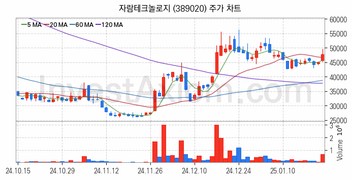 5세대이동통신 5G 관련주 자람테크놀로지 주식 종목의 분석 시점 기준 최근 일봉 차트