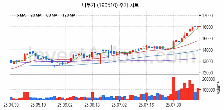 AR 증강현실 관련주 나무가 주식 종목의 분석 시점 기준 최근 일봉 차트