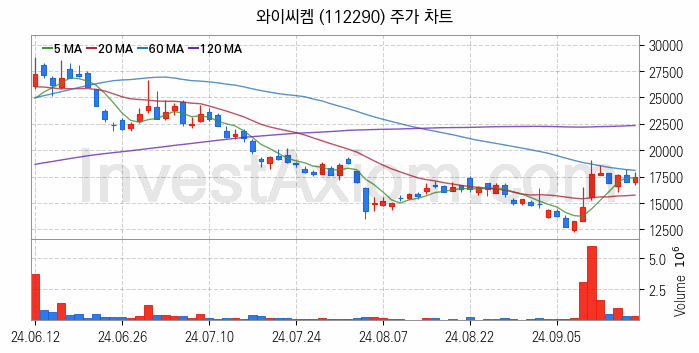 HBM 고대역폭메모리 관련주 와이씨켐 주식 종목의 분석 시점 기준 최근 일봉 차트