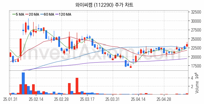 HBM 고대역폭메모리 관련주 와이씨켐 주식 종목의 분석 시점 기준 최근 일봉 차트