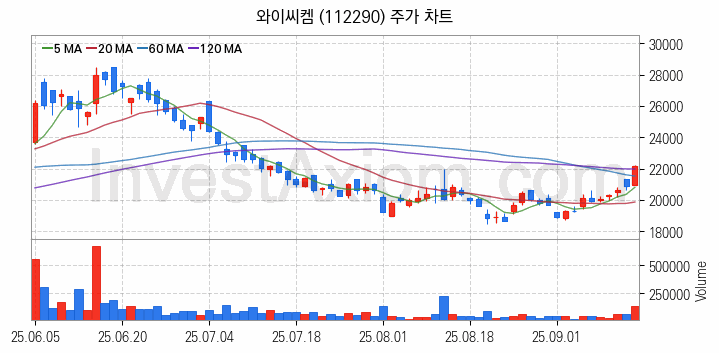 HBM 고대역폭메모리 관련주 와이씨켐 주식 종목의 분석 시점 기준 최근 일봉 차트