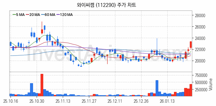 HBM 고대역폭메모리 관련주 와이씨켐 주식 종목의 분석 시점 기준 최근 일봉 차트