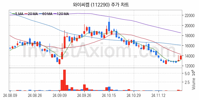 HBM 고대역폭메모리 관련주 와이씨켐 주식 종목의 분석 시점 기준 최근 일봉 차트