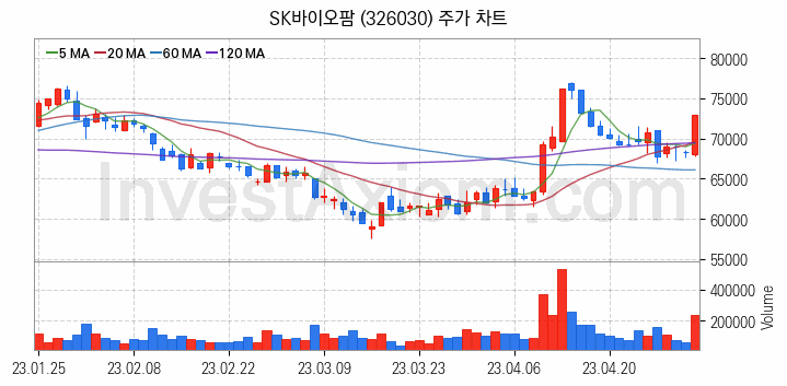 K-뉴딜지수 관련주 SK바이오팜 주식 종목의 분석 시점 기준 최근 일봉 차트