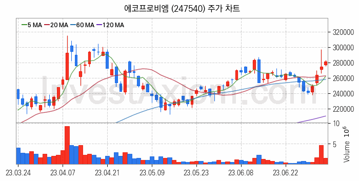 K-뉴딜지수 2차전지 관련주 에코프로비엠 주식 종목의 분석 시점 기준 최근 일봉 차트