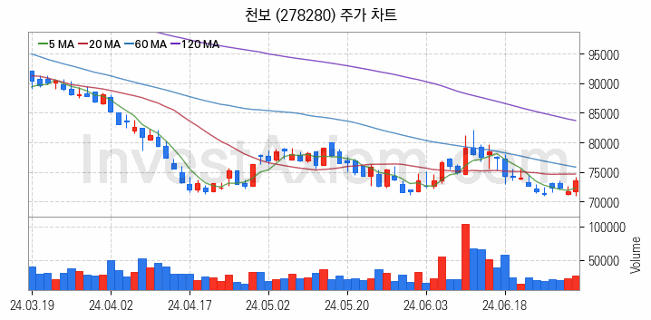 K-뉴딜지수 2차전지 관련주 천보 주식 종목의 분석 시점 기준 최근 일봉 차트