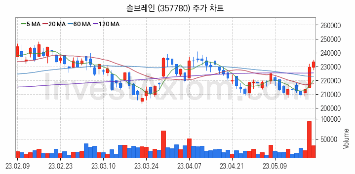 K-뉴딜지수 2차전지 관련주 솔브레인 주식 종목의 분석 시점 기준 최근 일봉 차트