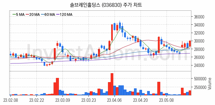 LCD 부품소재 관련주 솔브레인홀딩스 주식 종목의 분석 시점 기준 최근 일봉 차트