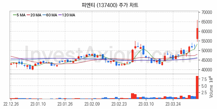 LCD장비 관련주 피엔티 주식 종목의 분석 시점 기준 최근 일봉 차트