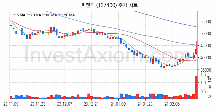 LCD장비 관련주 피엔티 주식 종목의 분석 시점 기준 최근 일봉 차트