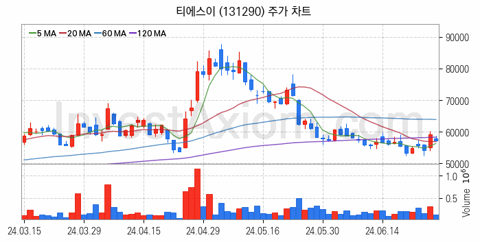 LED장비 관련주 티에스이 주식 종목의 분석 시점 기준 최근 일봉 차트