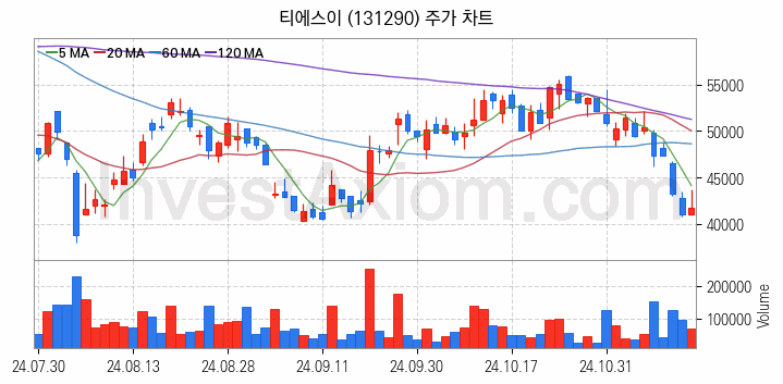 OLED 유기발광다이오드 관련주 티에스이 주식 종목의 분석 시점 기준 최근 일봉 차트