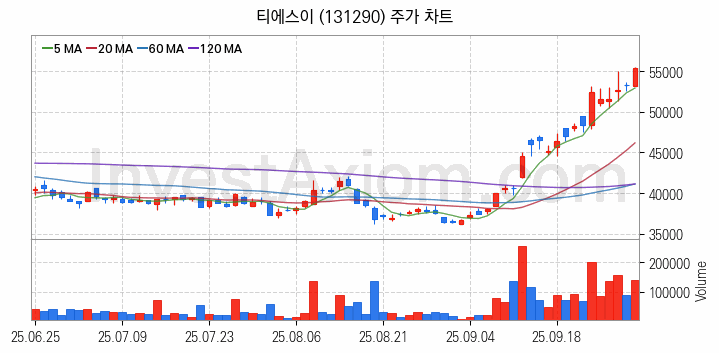 OLED 유기발광다이오드 관련주 티에스이 주식 종목의 분석 시점 기준 최근 일봉 차트