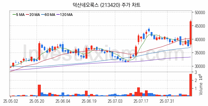OLED 유기발광다이오드 관련주 덕산네오룩스 주식 종목의 분석 시점 기준 최근 일봉 차트