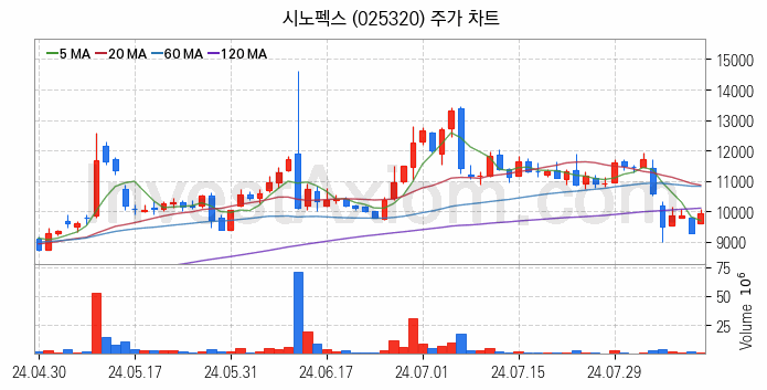 PCB 관련주 시노펙스 주식 종목의 분석 시점 기준 최근 일봉 차트