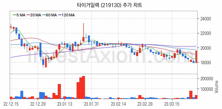 PCB 관련주 타이거일렉 주식 종목의 분석 시점 기준 최근 일봉 차트