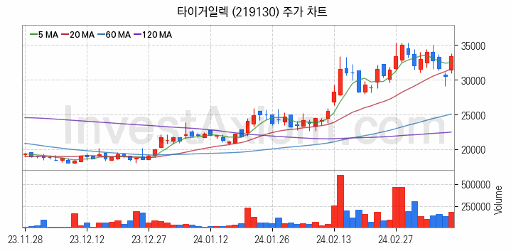 PCB 관련주 타이거일렉 주식 종목의 분석 시점 기준 최근 일봉 차트