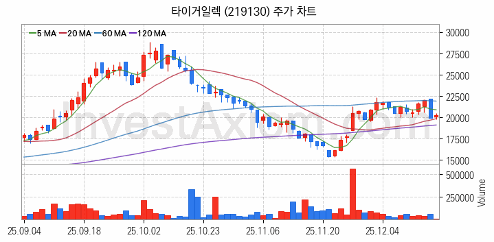 PCB 관련주 타이거일렉 주식 종목의 분석 시점 기준 최근 일봉 차트