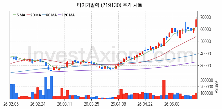 PCB 관련주 타이거일렉 주식 종목의 분석 시점 기준 최근 일봉 차트
