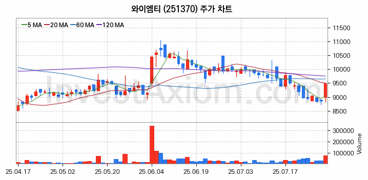 PCB 관련주 와이엠티 주식 종목의 분석 시점 기준 최근 일봉 차트
