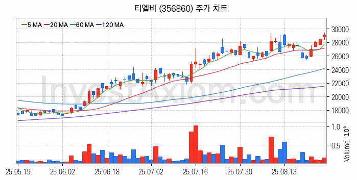 PCB 관련주 티엘비 주식 종목의 분석 시점 기준 최근 일봉 차트