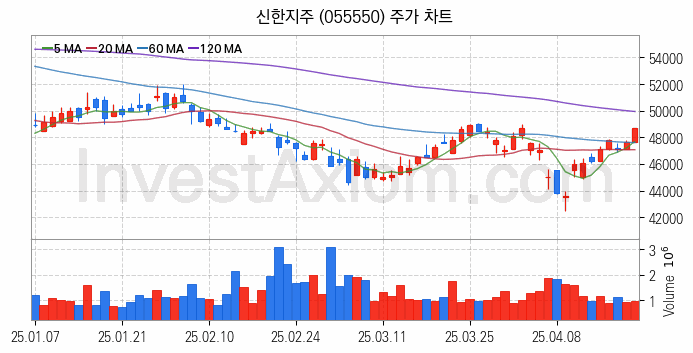STO 증권형토큰 관련주 신한지주 주식 종목의 분석 시점 기준 최근 일봉 차트