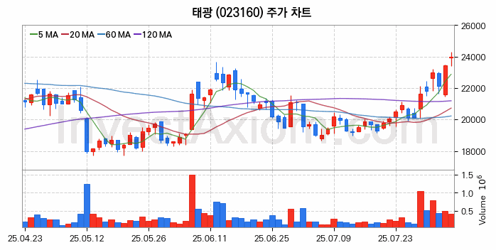 관이음쇠 밸브 관련주 태광 주식 종목의 분석 시점 기준 최근 일봉 차트