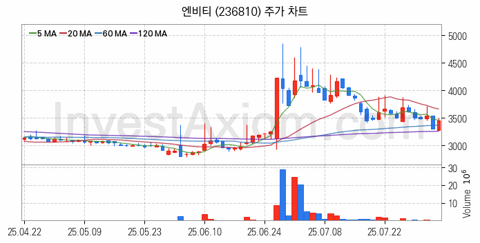 광고 관련주 엔비티 주식 종목의 분석 시점 기준 최근 일봉 차트