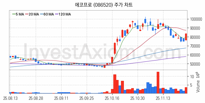 리튬 관련주 에코프로 주식 종목의 분석 시점 기준 최근 일봉 차트