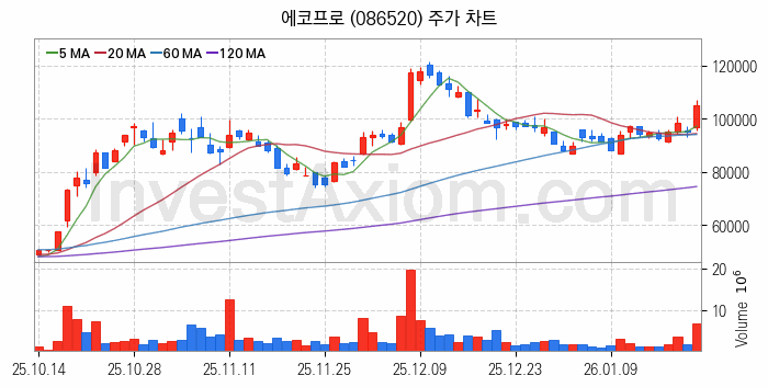 리튬 관련주 에코프로 주식 종목의 분석 시점 기준 최근 일봉 차트